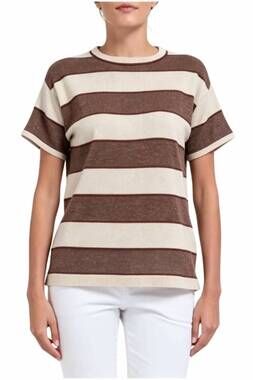 NEW BRUNELLO CUCINELLI short sleeve striped sweater in brown and off-white/cream
